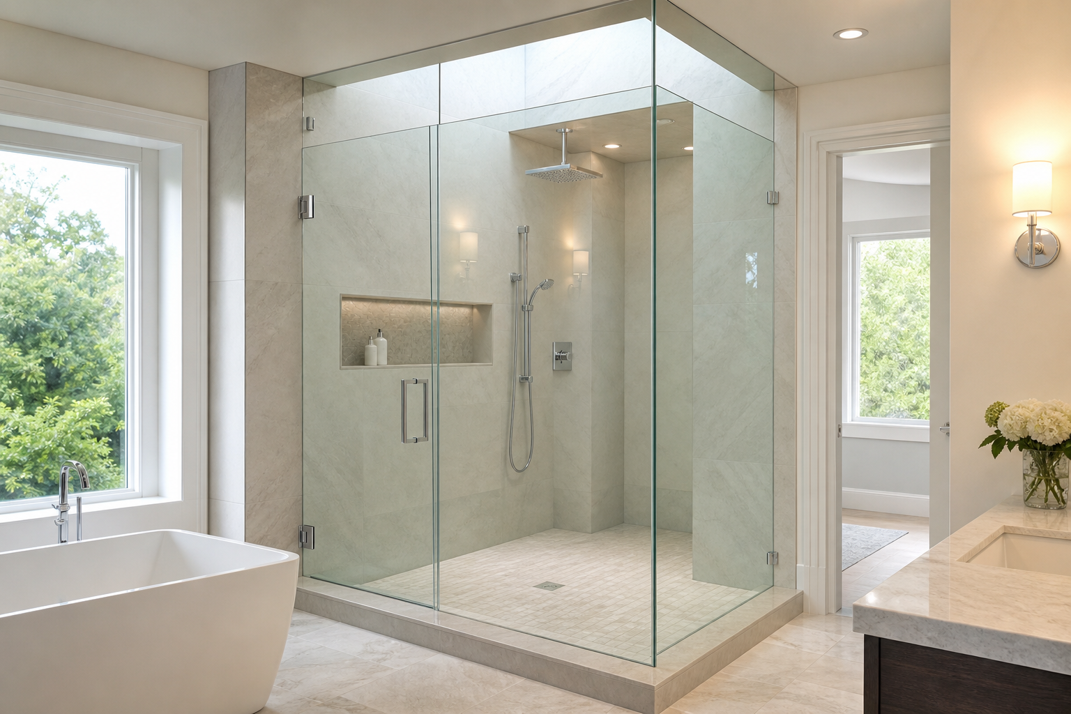 Clear glass surfaces catching warm light